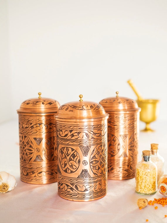 Handmade Engraved Copper Canister, Handmade Copper Jar Canister