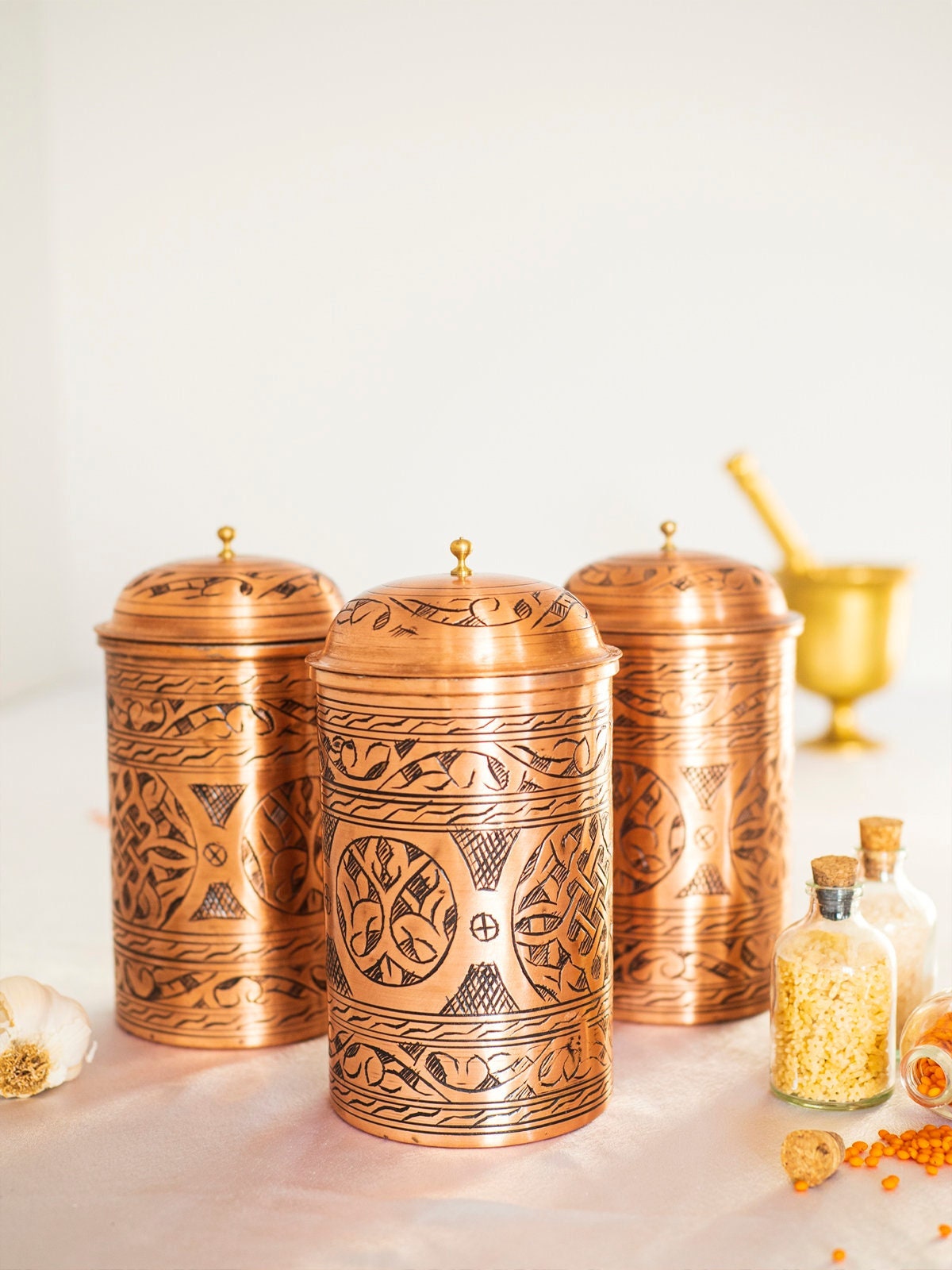 Handmade Engraved Copper Canister, Handmade Copper Jar Canister