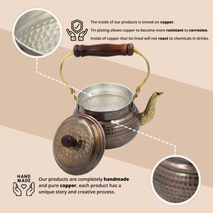 May include: A copper teapot with a hammered finish and a wooden handle. The inside of the teapot is tin-lined to prevent corrosion. The text on the image reads: "The inside of our products is tinned on copper. Tin plating allows copper to become more resistant to corrosion. Inside of copper that tin lined will not react to chemicals in drinks."