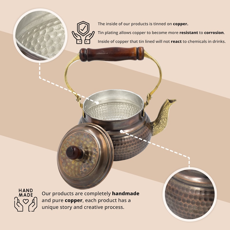 May include: A copper teapot with a hammered finish and a wooden handle. The inside of the teapot is tin-lined to prevent corrosion. The text on the image reads: "The inside of our products is tinned on copper. Tin plating allows copper to become more resistant to corrosion. Inside of copper that tin lined will not react to chemicals in drinks."