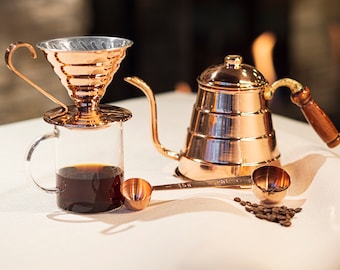 Set da caffè con filtro Pour Over in rame v60 fatto a mano, set da caffè con filtro in rame, set da caffè, teiera in rame, dripper v60, cucchiaio da caffè