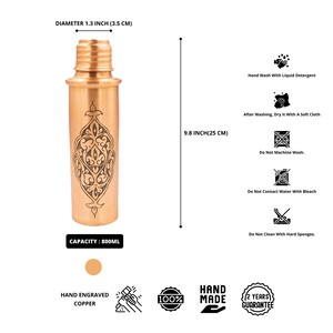 Handmade Copper Water Bottle, Engraved Copper Water Bottle, Waterproof Water Bottle, Copper Gift image 3