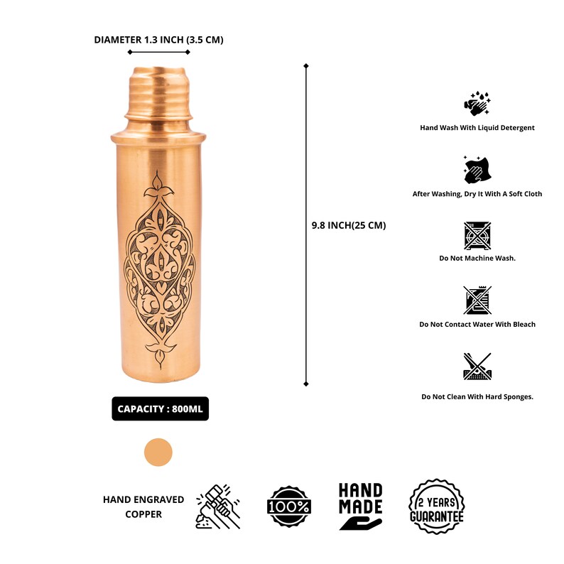 Handmade Copper Water Bottle, Engraved Copper Water Bottle, Waterproof Water Bottle, Copper Gift image 3