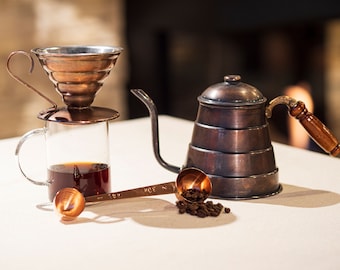 Set da caffè con filtro in rame fatto a mano, set da caffè con filtro in rame v60, set da caffè, caffettiera in rame, dripper v60, cucchiaio da caffè