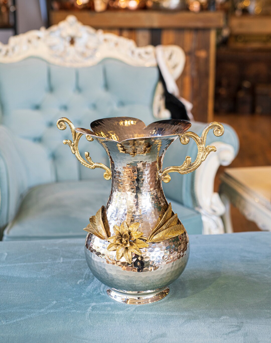 Handmade Copper Decorative Vase, Copper Vase With Flower Details