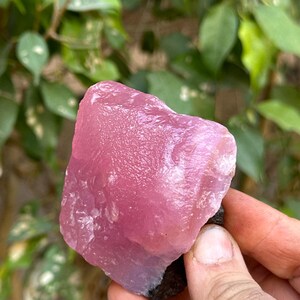 May include: A large, pink, translucent crystal with a rough, natural surface. The crystal is being held in a hand, and the background is blurred.