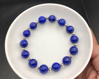 Pulsera artesanal de lapislázuli con motas de pirita, cuentas de piedras preciosas de 10 mm