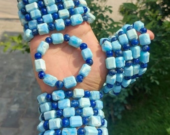 Handmade Aragonite & Lapis Lazuli Beaded Bracelet – Stretchy Gemstone Jewelry
