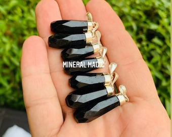 Black Tourmaline Point Pendant - Sterling Silver Crystal Necklace