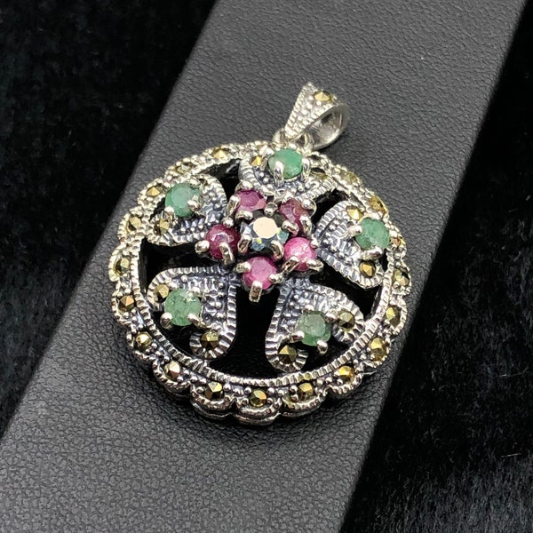 OutClass Natural Ruby,Sapphire and Emerald Pendant-Sterling Silver925- Natural Gems Pendant-Vintage Style Silver Pendant