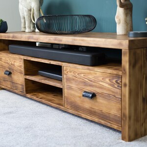 Handmade Wooden TV Unit – Solid wood Media Console – Rustic Low Cabinet with Drawers & Shelves - Custom TV Stand - Modern Rustic Cabinet image 5