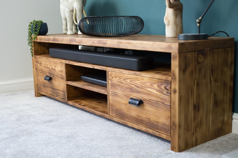 Handmade Wooden TV Unit – Solid wood Media Console – Rustic Low Cabinet with Drawers & Shelves - Custom TV Stand - Modern Rustic Cabinet image 5