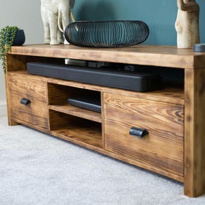 Handmade Wooden TV Unit – Solid wood Media Console – Rustic Low Cabinet with Drawers & Shelves - Custom TV Stand - Modern Rustic Cabinet image 1
