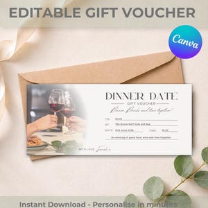 Peut inclure: Un bon cadeau pour un dîner, avec le texte "Dinner, Drinks and time together!" et "Instant Download - Personalise in minutes". Le bon est dans une enveloppe marron, avec une photo de verres de vin.