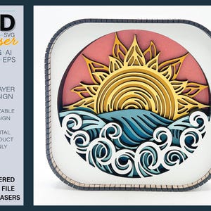 3D OCEAN SUNSET Shelf sitter SVG - laser file - For Glowforge - for lasers
