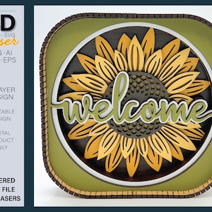 3D WELCOME SUNFLOWER Shelf sitter SVG - arquivo laser - Para Glowforge - para lasers
