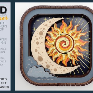 May include: A multi-layered laser-cut wall art piece featuring a cream-colored crescent moon with brown spots, a swirling orange and yellow sun, and gray clouds against a dark blue background, all framed within a square wooden border.