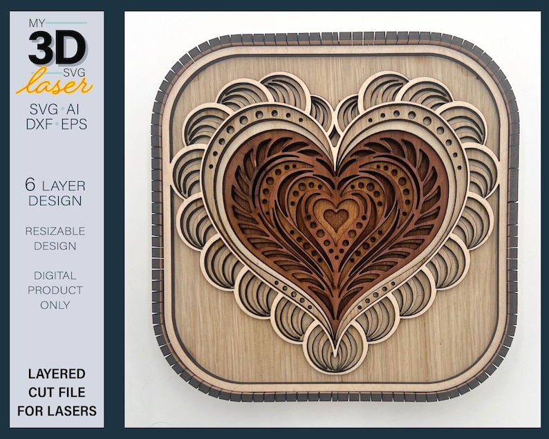 3D HEART MANDALA Shelf Sitter Laser File - for Glowforge - for Lasers ...