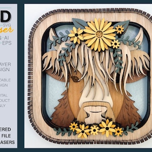 3D HIGHLAND COW シェルフシッター SVG - レーザーファイル - Glowforge 用 - レーザー用