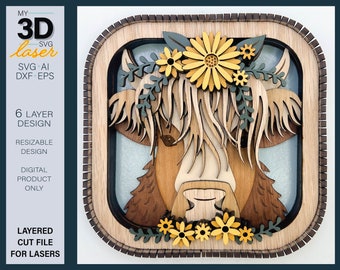 3D HIGHLAND COW Shelf sitter SVG - laser file - For Glowforge - for lasers