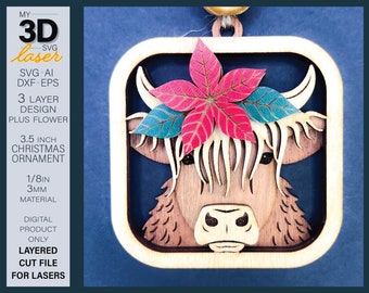 HIGHLAND COW ORNAMENT Laser File - Layered Christmas Ornament laser file