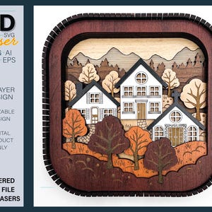 May include: A multi-layered wooden art piece featuring a village scene with houses, trees, and mountains. The artwork is framed in a dark brown, square-shaped border. Text on the left side reads "MY 3D laser SVG AI DXF EPS 6 LAYER DESIGN RESIZABLE DESIGN DIGITAL PRODUCT ONLY LAYERED CUT FILE FOR LASERS."