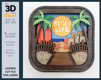 May include: A multi-layered wooden beach scene with palm trees, surfboards, and a sandcastle. The design includes the text "BEACH LIFE" within a sun graphic. The frame includes the text "MY 3D laser" and "LAYERED CUT FILE FOR LASERS".