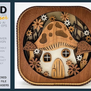 Op de afbeelding: Een 6-laags 3D-lasergesneden ontwerp van een paddenstoelhuis met een witte deur en ramen, omringd door bloemen. Het ontwerp is gemaakt van hout en heeft een bruin en wit kleurenschema.