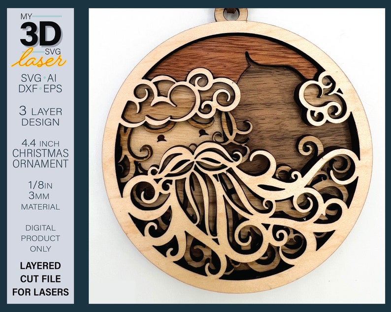 May include: A 3D laser cut design of a Santa Claus ornament. The ornament is made of wood and is 4.4 inches in diameter. The design is layered and features a detailed Santa Claus face with a beard and mustache. The ornament is perfect for adding a festive touch to your home decor.
