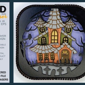 May include: A 6-layer layered cut file design for a 3D laser cut haunted house with a purple and blue moon background. The design includes a fence, trees, and a spider web.