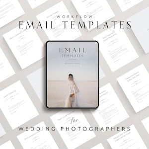 Könnte beinhalten: Ein digitales Tablet mit der Aufschrift "EMAIL TEMPLATES" mit einer Braut mit Schleier, umgeben von verschiedenen weißen Dokumentvorlagen. Der Text oben lautet "WORKFLOW" und unten "for WEDDING PHOTOGRAPHERS".