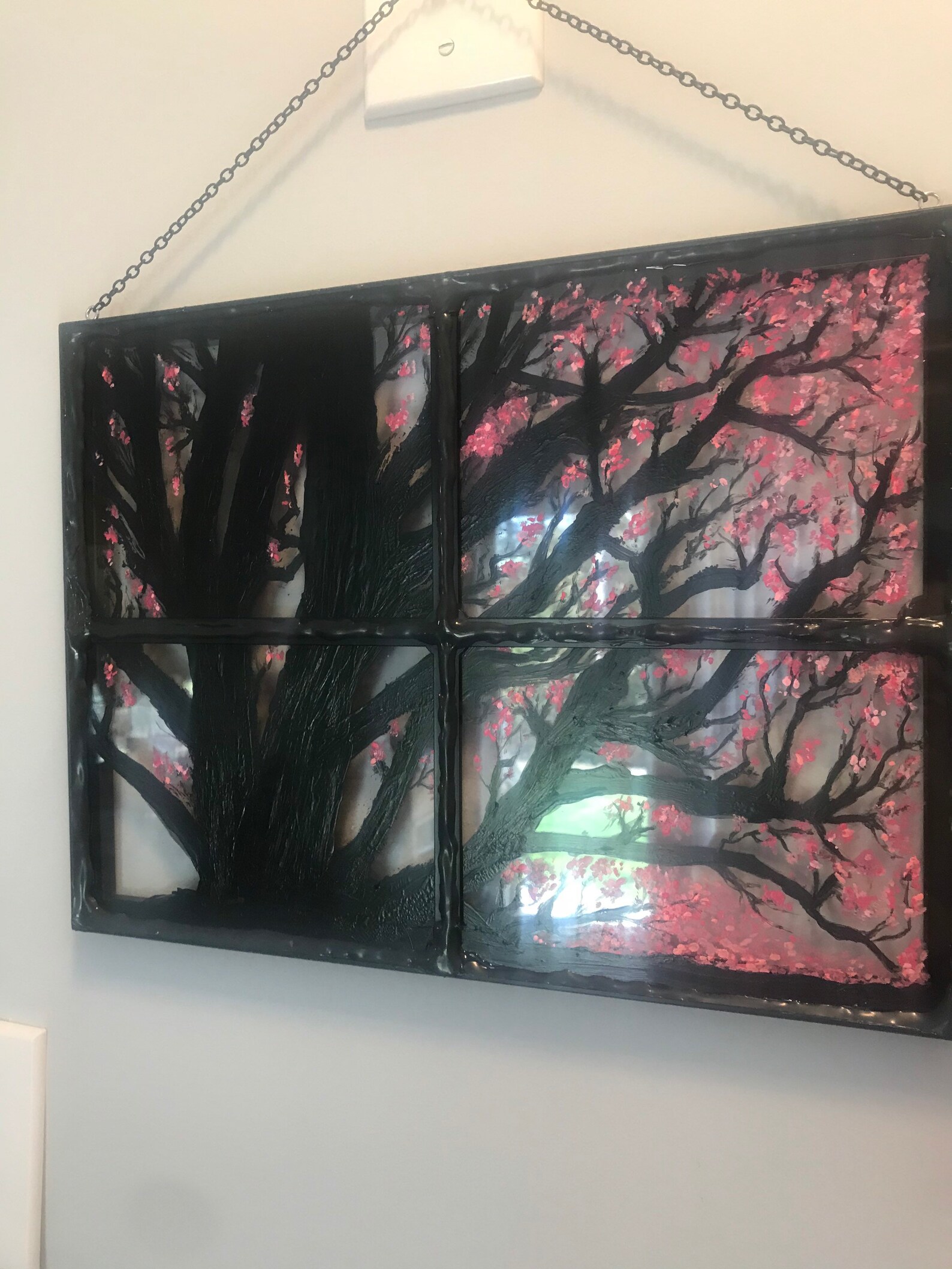 Stained Glass Cherry Blossom Tree 11x14 Glass Painting on Black Window
