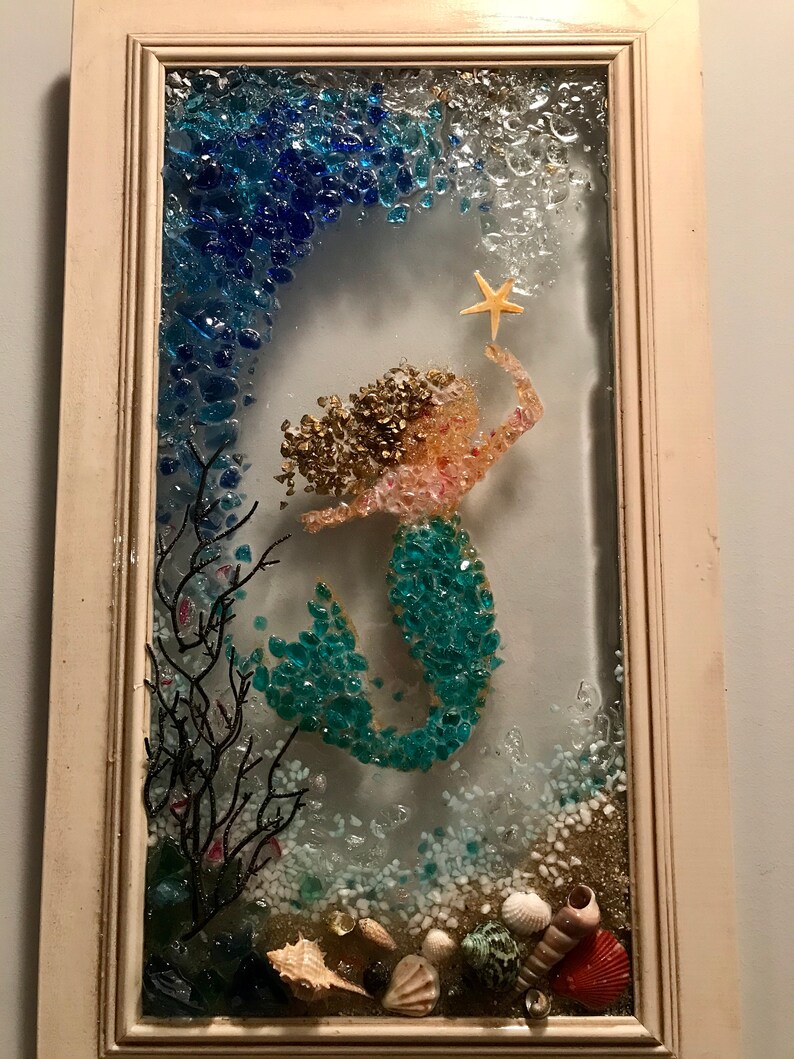 Beach Sea Glass Resin Art Sun Catcher.14x24 Mermaid,wave,seashells Made With Sea Glass& Broken