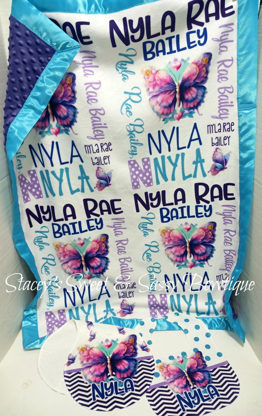 Personalized Butterfly-Owl-Floral Mushroom-Baby Name Blanket-Satin Edge-30x42"-Baby Shower Gift