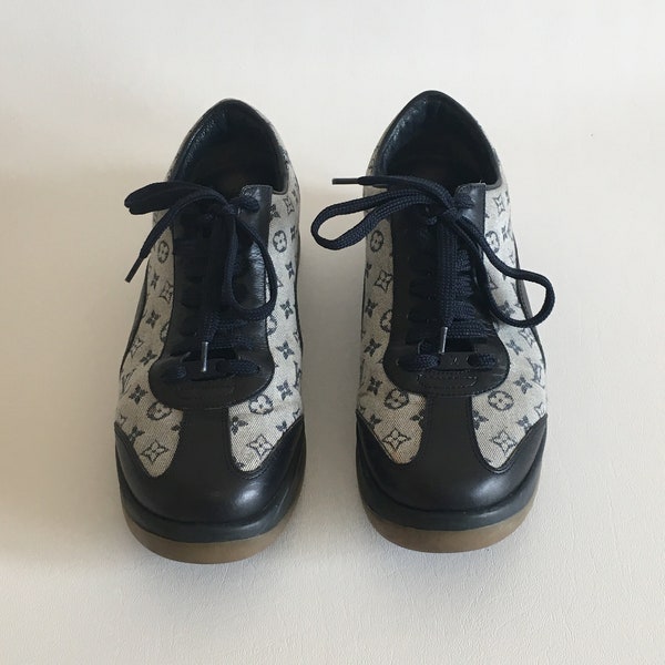 Louis Vuitton Sneakers, Vintage, Classical Blue  LV Leather Low Top Sneakers, Logo & Monogram Pattern, Rubber Trim Round-Toes Lace-Up