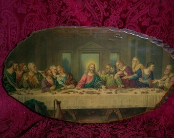 Huge Last Supper Mounted on Rustic Wooden Plank