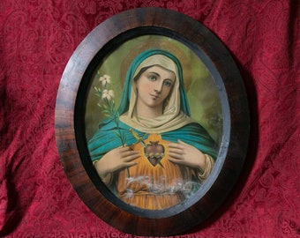 Large Antique Tiger Striped Framed Portrait of the Virgin Mary