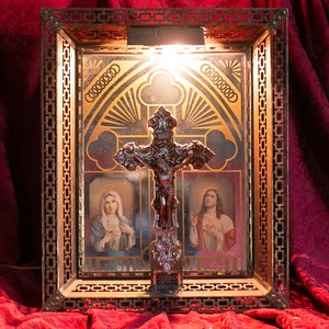 Antique Metal Framed Reverse Painted Mirror Shrine/Crucifix & Light