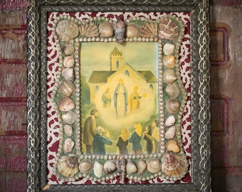 Vintage Shell Framed Print of the Virgin Mary Folk Art
