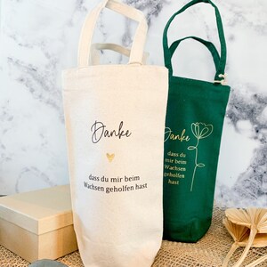 Flaschentasche aus Baumwolle "Danke, dass du mir beim Wachsen geholfen hast" - Geschenk für Hebammen zum Abschied und Dankesagen