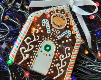Fused Glass, Hand Painted Gingerbread House Tree Decoration