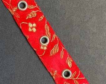 5Yds Grommet Tape Floral Flower Red Satin Fabric Eyelet 3/4” Tape, Costume, Clothing, Bustiers Corset Trim, DIY Sewing