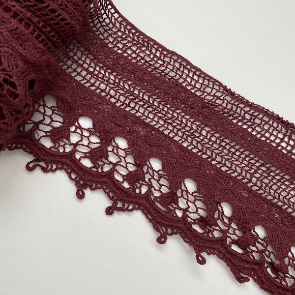 2 Yds of Vintage Cotton Crochet Lace Trim, Burgundy 5” Wide Lace Trim, Shawl Edging, Tablecloth Border, Scalloped Edge Trim, Decorative Trim
