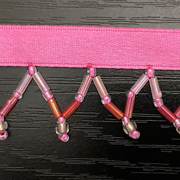 2 Yards of Beaded Ribbon Trim Zig Zag Lattice Hanging Trim Finge Beaded Trim Hot Pink Beaded Trim Sewing, Girls clothing, Lampshade, DIY