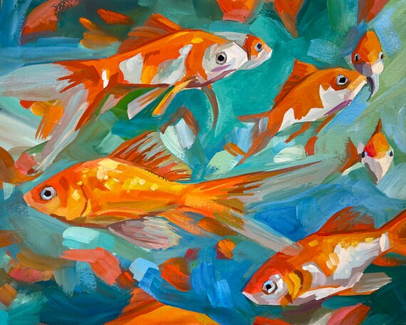 Goldfish painting goldfish art print beach house art coastal art impressionist style colorful art