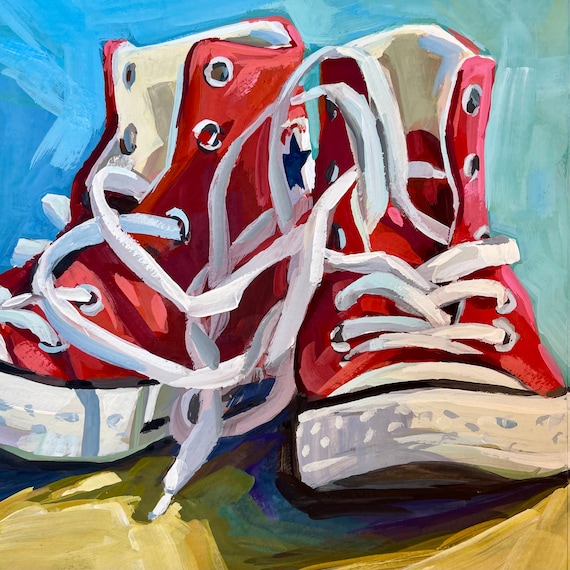 Pintura de zapatillas de tenis rojas, impresión de arte de zapatos,  decoración de habitaciones para niños, decoración de dormitorios,  impresionista