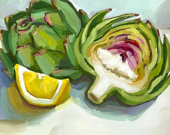 Artichokes and lemon art print, vegetable painting, artichoke painting, kitchen art, cottage style, modern farmhouse