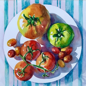 Tomatoes art print, heirloom tomatoes painting, watercolor tomatoes, giclee', kitchen art, farmhouse style