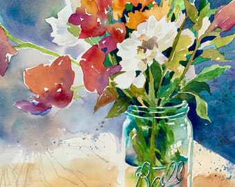 Floral art print, watercolor print, giclee, boho decor, gallery wall, Ball jar, mason jar