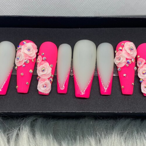 Handmade Nails 3D Flower Elegant Blue Set False Nails Press Etsy